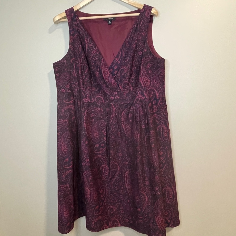 Lands End Paisley Print Purple Cotton Silk Blend Knee Length Dress Size 18
